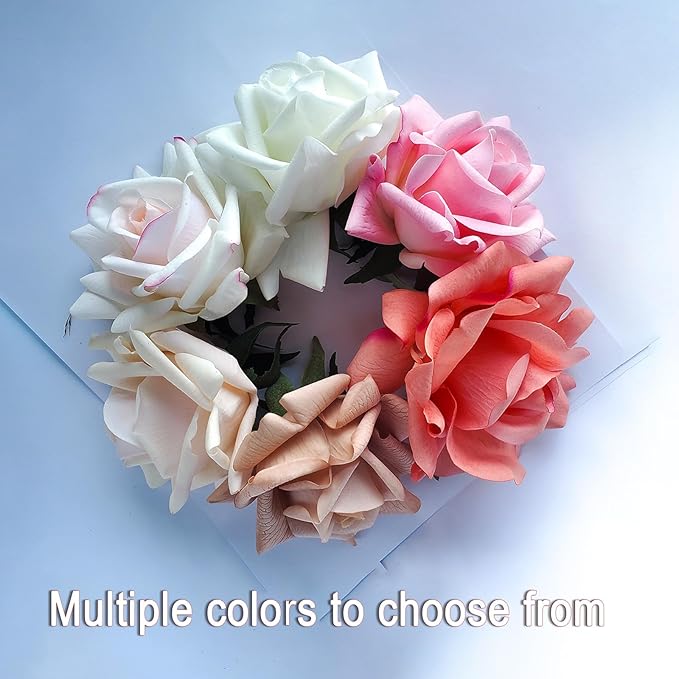 Artificial flower real touch roses feel and look realistic fake roses with short stems, suitable for gift, for wife girlfriend mom friends, Indoor home table，cake, hotel, car decoration (white)