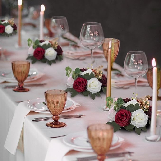 BLOSMON Artificial Flowers Ball Wedding Centerpieces 2 Pcs Burgundy Rose Artificial Flower Center Pieces Decoration for Table Silk Kissing Ball Faux Floral Bouquet Arrangements Home Party DIY Decor