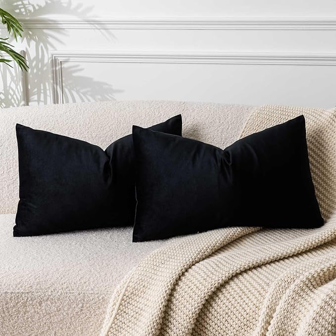 JUSPURBET Black Throw Pillow Covers Set of 2 Decorative Velvet Pillow Covers for Couch Sofa Bed Soft Lumbar Cushion Covers with Invisible Zipper for Living Room Home Decor,14x24 inch
