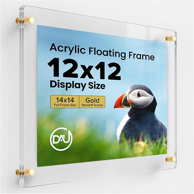 Acrylic Floating Frames Gold Standoffs(single) 12" x 12" Clear Acrylic Frames for Wall Mount Floating Picture Frame, Diploma Poster Certificate Hanging Photo Display Degree Prints Artwork Documents