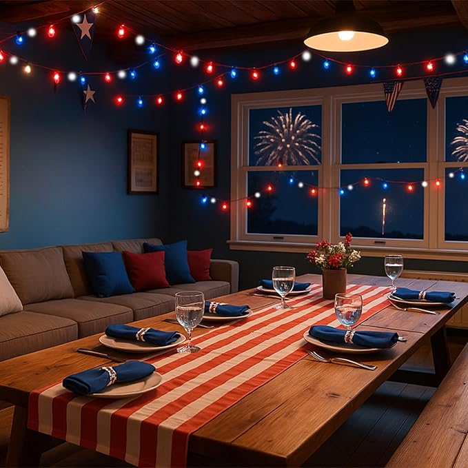 LAMPHOME 33ft Patriotic String Lights - Red White Blue Mini Lights, 100 LED Green Wire Fairy Starry String Lights Plug in, 11 Modes for Independence Day Celebration Party Memorial Day Decor