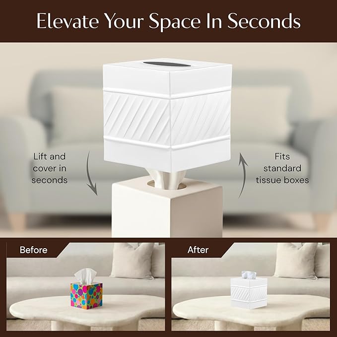 Monarch Abode Tissue Box Cover Square – Handcrafted Wave Embossed White Metal Tissue Holder Box for Bathroom Accessory, Aesthetic Decorative Facial Napkin Cube for Modern Home Decor