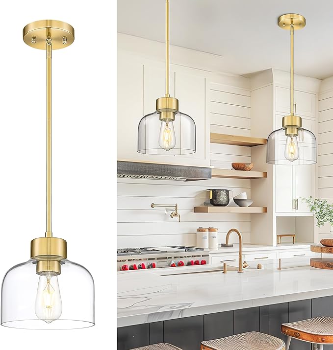 Gold Pendant Lights Kitchen Island, 8" Hanging Light Fixtures with Clear Glass Shade, Modern Brass Kitchen Pendant Lighting Over Island for Dining Room, AD-24024-1PL-GD