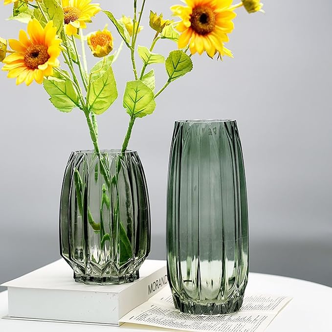 Green Ribbed Glass Vase - Modern Tall/Short Centerpiece for Flowers, Candles & Decor (H12.0inch)