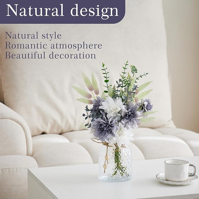 Fake Flowers with Vase Combo Bue Wite Flowers Mix Silk Artificial Flowers Dahlia, Fake Plastic Flowers Bulk Decoration, Faux flower for Wedding Bridal Bouquets, Floral Arrangement, Table Centerpieces