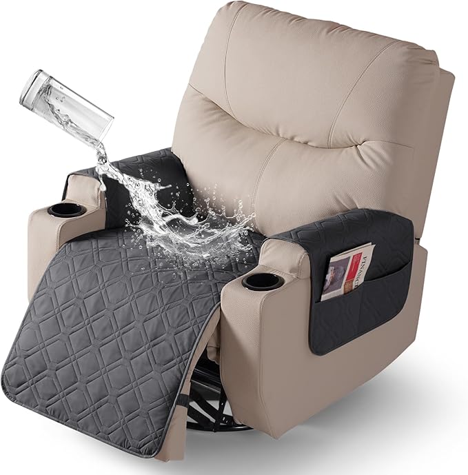 VANSOFY Recliner Chair Covers 100% Waterproof Seat Cover with Arm Reclining Cover Non-Slip Recliner Chair Covers Furniture Protector Washable Slipcover with Pocket for Pets, Dogs(Charcoal Gray，22")