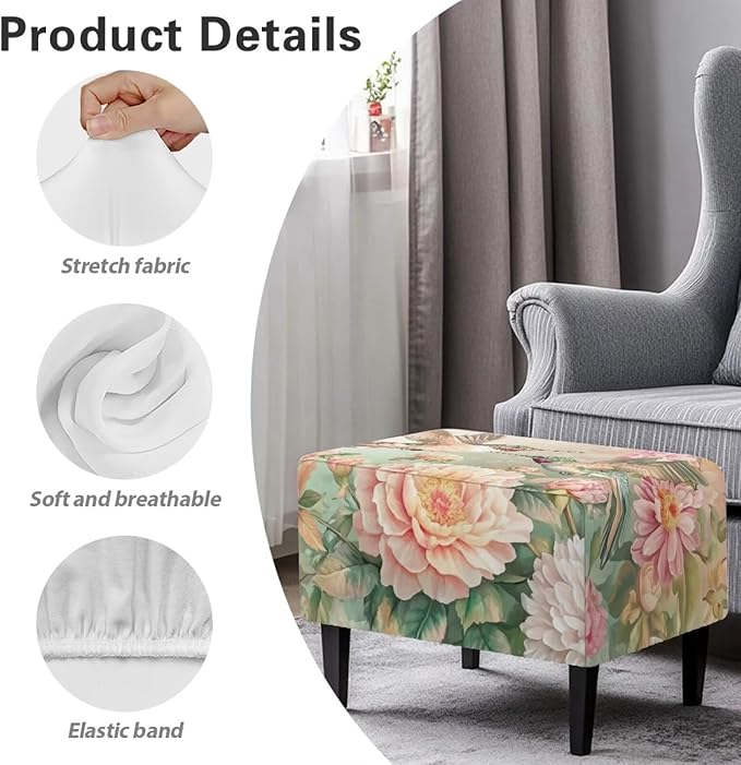 Floral Hummingbird Ottoman Cover Rectangular Stretch Ottoman Slipcover Rectangle Waterproof Storage Footstool Covers Furniture Protector with Elastic Bottom for Living Room