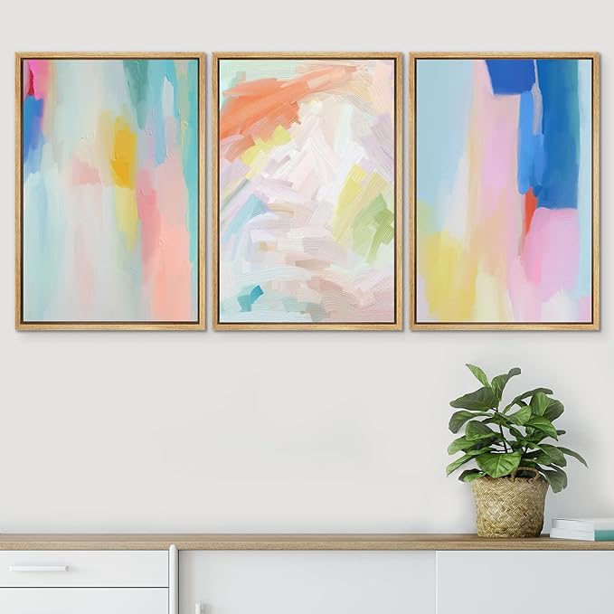 SIGNWIN Framed Canvas Print Wall Art Set Watercolor Pastel Rainbow Paint Stroke Shapes Abstract Illustrations Modern Art Decorative Nordic for Living Room, Bedroom, Office - 16"x24"x3 Natural
