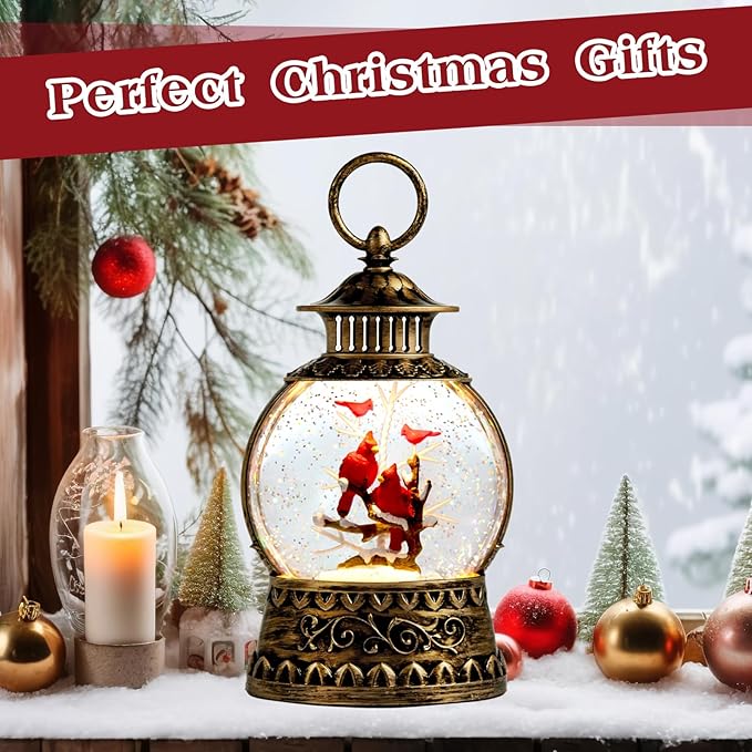 Cardinal Christmas Snow Globe, Cardinal Musical Snow Globe Lantern Lights with 6H Timer Battery & USB Powered, Retro Style Holiday Glitter Globe for Xmas Home Decoration Holiday Party Gifts