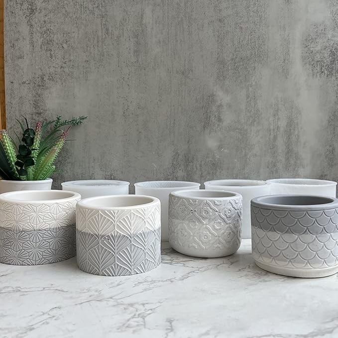 Round Concrete Flower Pot Silicone Mold Vintage Pattern Plaster Succulent Planter Vase Mold Candle Pen Holder Epoxy Resin Cement Clay Mould