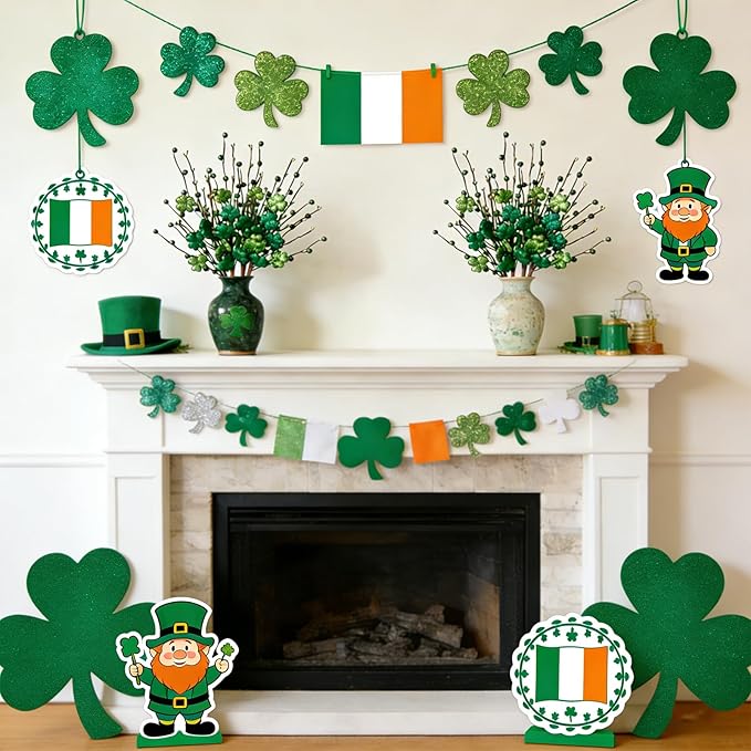 Bibelot 6 Pack Artificial Shamrock Picks, Glitter Clover Stems with Berries, St Patricks Day Picks for Table Centerpieces Home Holiday Decor DIY Crafts