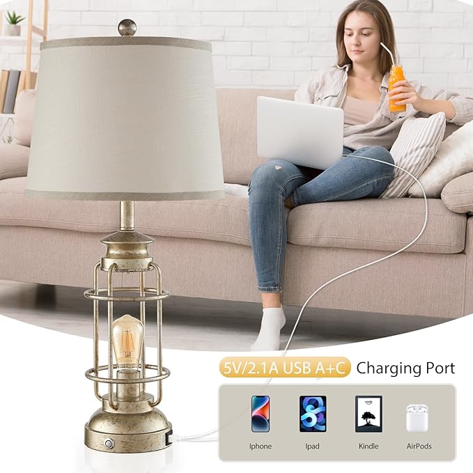 28.5" Retro Industrial Table Lamp for Living Room Bedroom Set of 2 Dimmable Touch Control Bedside Farmhouse Lamps with USB A+C Charging Ports and 2 Light Sources