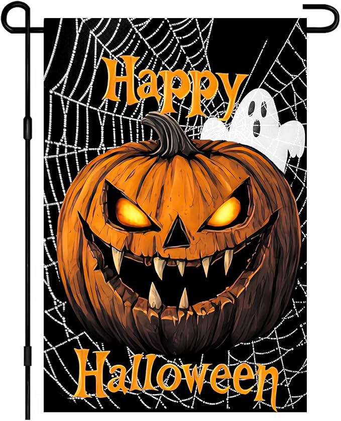 Halloween Garden Flag Double Sided 12x18 Inch Scary Pumpkin Ghost Spider Web Yard Sign Gothic Spooky Outdoor Banner Creepy Jack Lantern Face Holiday Lawn Porch Decoration