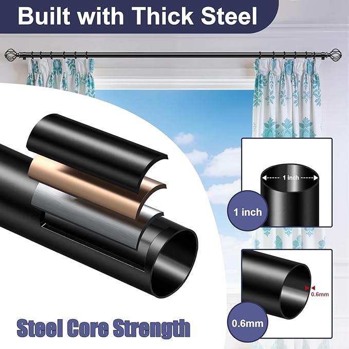 Black Curtain Rods for Windows 48-90Inch(4-7.5ft), Heavy Duty 1 Inch Adjustable Curtain Rod, Decorative Window Rods for Living Room, Bedroom, Dining Room & Patio