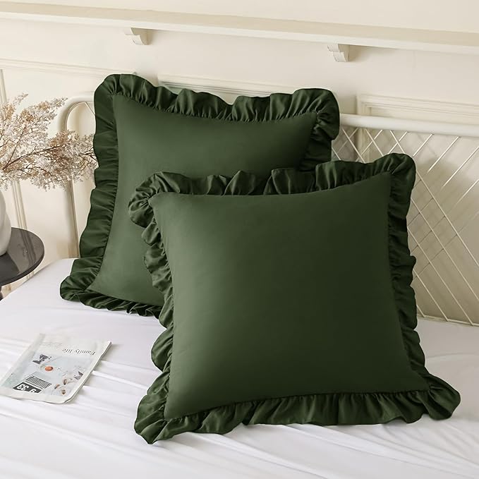 KKJIAF Ruffle Pillow Cases 26x26 Inches, Olive Green Square Ruffled Pillow Covers Set of 2, Microfiber Wrinkle Resistant Pillow Shams with Envelope Closure for Sofa Bed Living Room