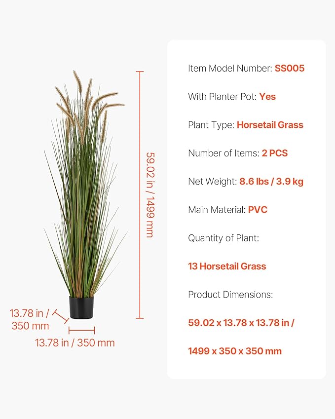 VEVOR Artificial Grass Plant, 2 Pack 59 inch Horsetail Reed Grass in Pot, Premium PVC Faux Fake Greenery Shrubs Plant for Indoor Outdoor House Home Garden Office Room Décor, Housewarming, Green