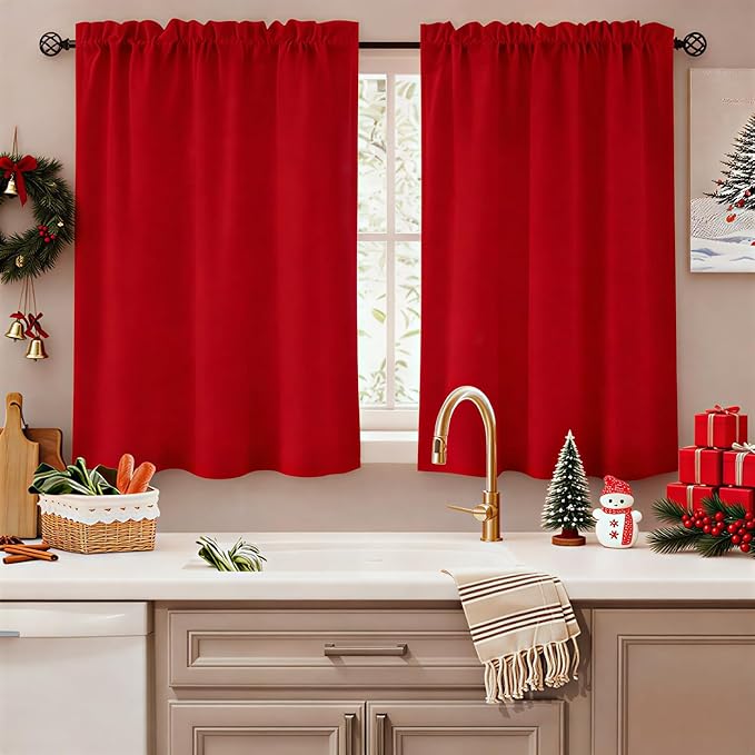 HOMEIDEAS Christmas Non-See-Through Red Privacy Sheer Kitchen Curtains 36 Inches Long 2 Panels Set Light Filtering Curtains for Living Room Bedroom Drapes,W30xL36