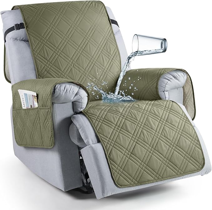 TAOCOCO 100% Waterproof Recliner Chair Covers, Non Slip Recliner Covers for Recliner Chair with Pocket, Washable Reclining Chair Cover Furniture Protector for Kids,Dogs(25'', Green)