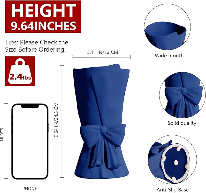 Blue Ceramic Bow Vase 9.64 in Unique Cute Modern Decorative Bouquet Flower Vases for Home Living Room Table Decor Women Girl Gifts