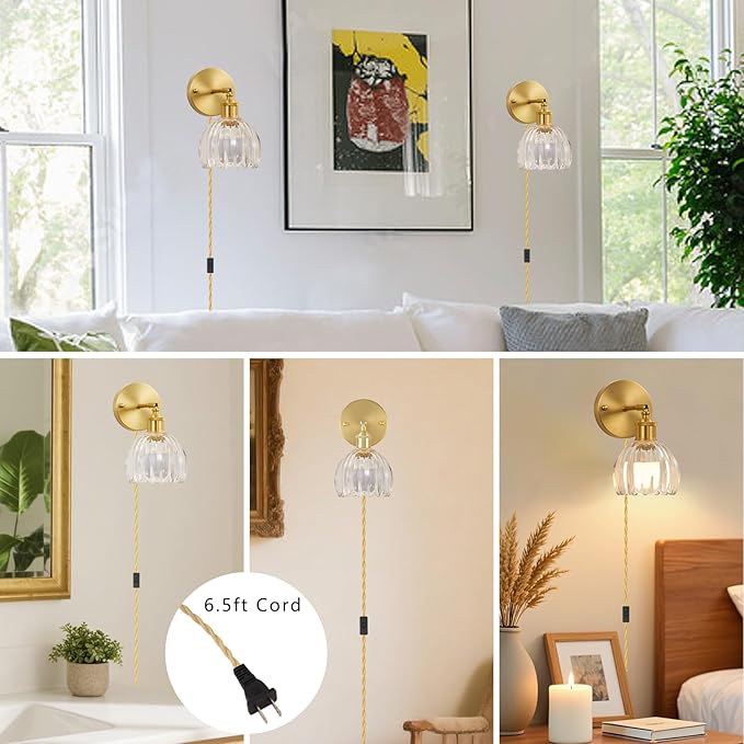 Plug in Wall Sconces Set of 2, Vintage Wall Lamp with Plug in Cord Clear Tulip Shade Decor Indoor, Gold Wall Light for Bedroom Bedside Kids Living Room Bathroom