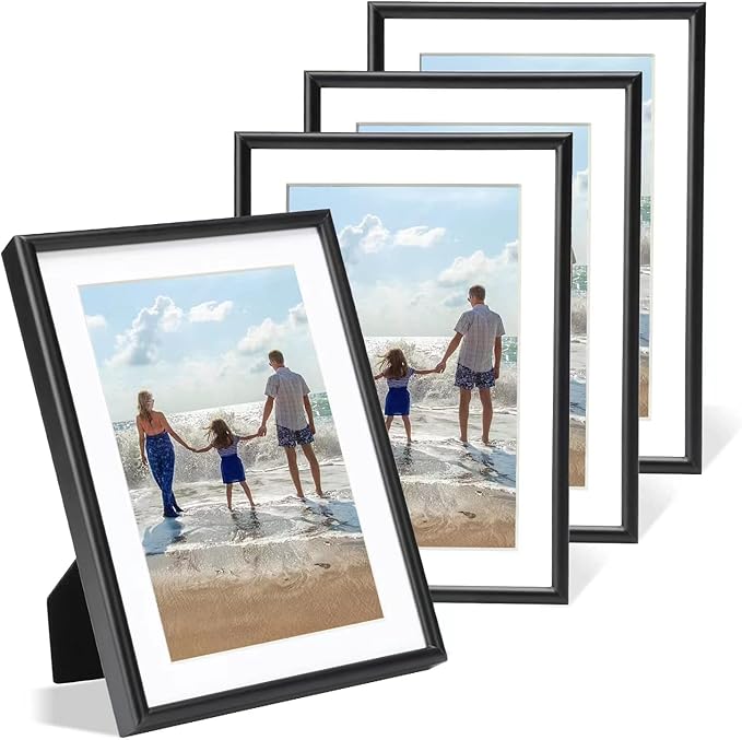 4x6 Picture Frame Set of 4, Matted Black Simple Modern Brushed Thin Aluminum Metal Photo Frame Fits 3x5 with Mat or 4 x 6 without Mat Vertical and Horizontal for Tabletop and Wall Mounting