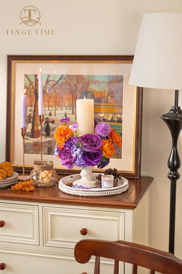 TINGE TIME Rose Artificial Flowers Combo, Fake Foam Roses with Stems for DIY Autumn Wedding Bridal Shower Party Table Centerpieces Fake Floral Arrangement Home Decor(Burnt Orange and Purple)