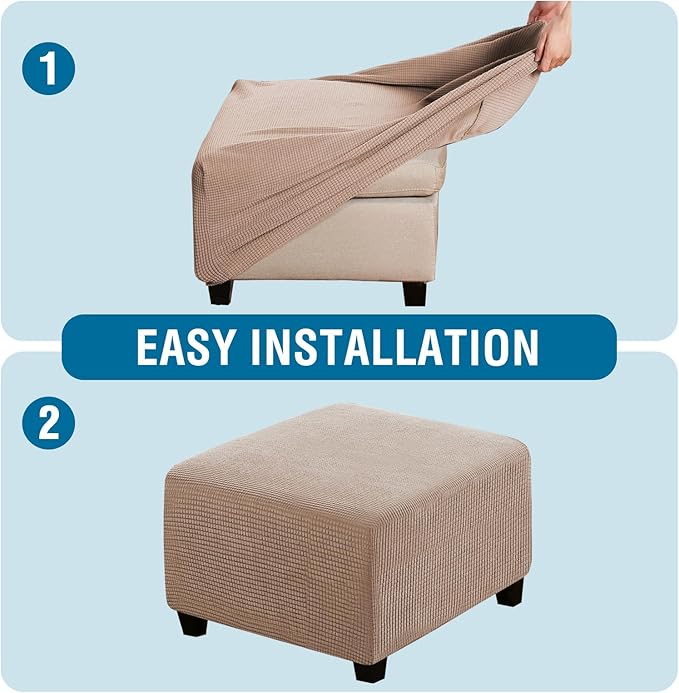 H.VERSAILTEX Square Ottoman Covers Ottoman Slipcovers Folding Storage Stool Furniture Protector Form Fit with Elastic Bottom, Stretch High Spandex Small Checks Jacquard Fabric(Medium,Sand)