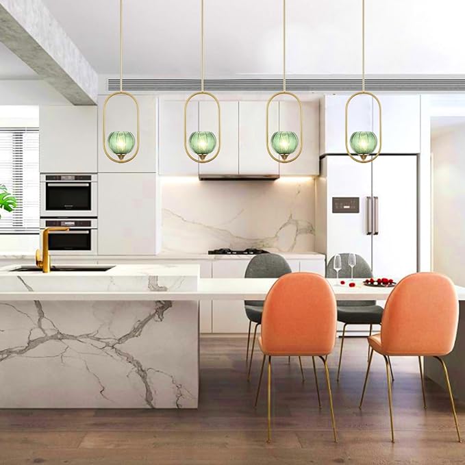 Modern Gold Globe Pendant Light with Green Globe Glass Lampshade Mid Century Chandelier 1-Light Brushed Brass Frame Ceiling Hanging Lighting Fixture for Kitchen Island Dining Room Bedroom