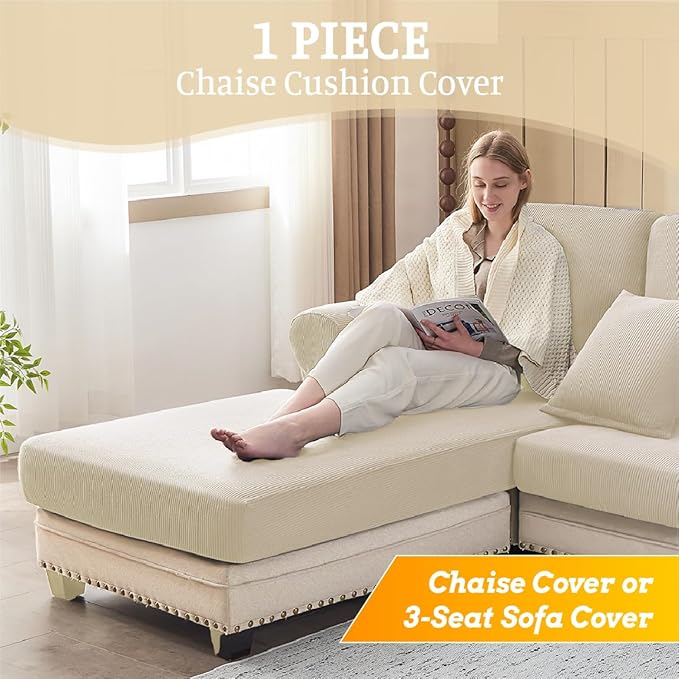 Sectional Couch Covers for Sofa Cushion L Shaped Couch Cover Washable Soft Couch Cushion Covers Stretch Sofa Slipcovers(1-Piece for Chaise or Sofa 3-Seater, Natural)