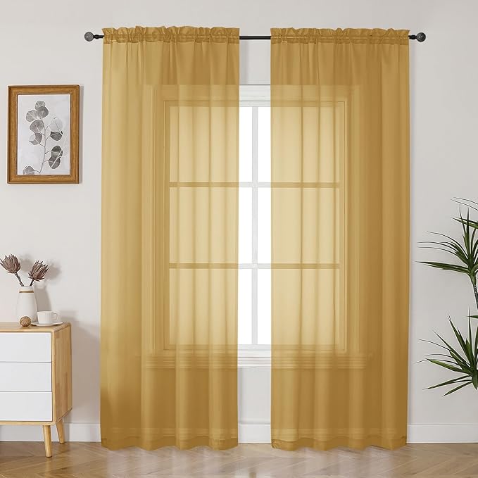 Gwine Gold Sheer Curtains 84 Inches Long 2 Panels Set for Living Room, Rod Pocket Voile Lightweight Bedroom Curtains, Light Filtering Solid Window Sheer Panels, Each 42" Wx84 L