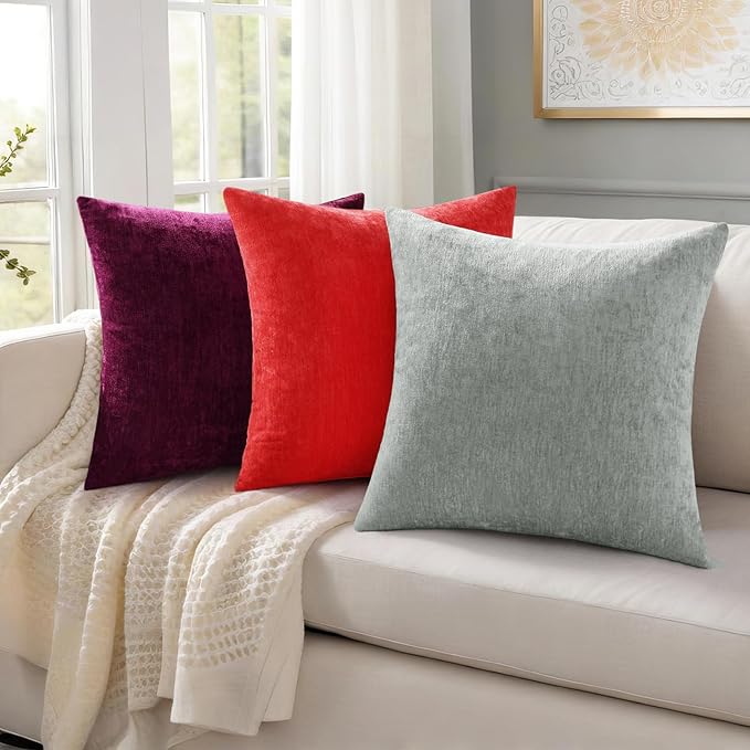 decorUhome Chenille Grey Christmas Throw Pillow Covers 26x26 Inch Set of 2, Decorative Soft Couch Pillow Covers Solid Dyed Accent Farmhouse Neutral Square Pillow Cases for Sofa