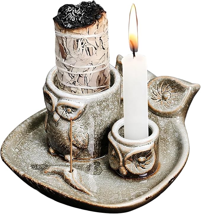 Comeon Palo Santo Holder, 4 in 1 Ceramic Owl Backflow Incense Burner Holder Candle Holder Sage Holder for Burning Bow(Grey)