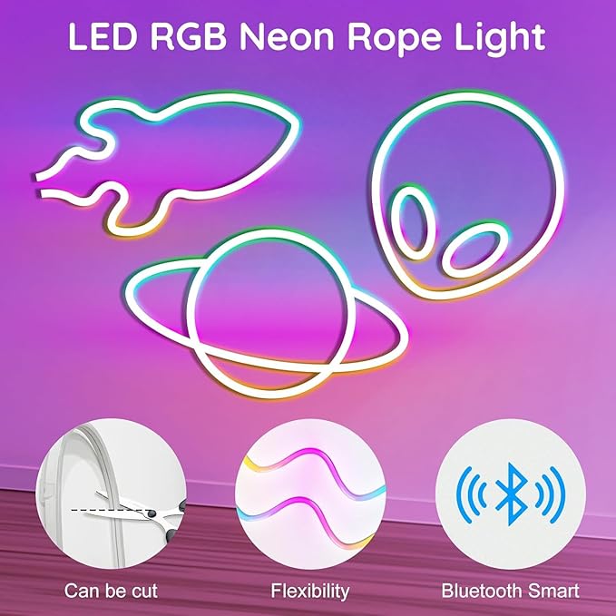 50Ft Neon Rope Lights,Flexible Led Rope Lights Control with App/Remote,Multiple Modes Music Sync Gaming RGB Led Neon Lights for Bedroom Outdoor