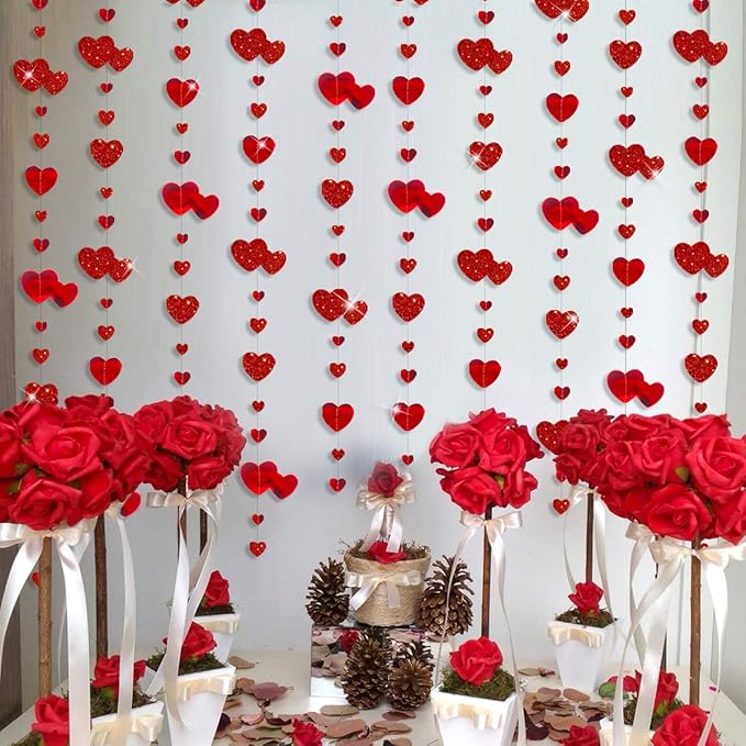 52Ft Valentines Day Party Decorations Red Heart Garland Metallic Glitter Hanging Heart Streamer Banner for Anniversary Mother's Day Engagement Wedding Bridal Shower Bachelorette Hen Party Supplies