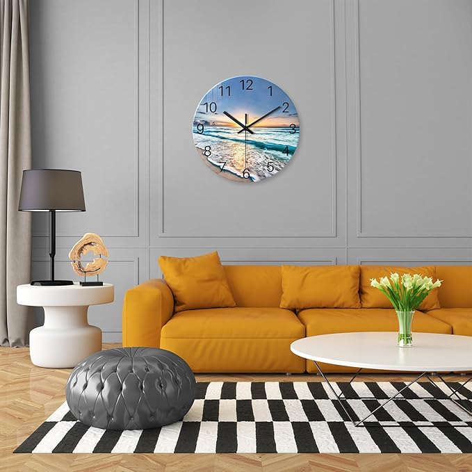 20 Inch Big Wall Clocks for Living Room Decor Analog Glass Wall Clock Non Ticking Beach Wall Clock Battery Operated