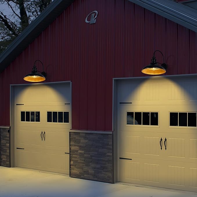 Outdoor Barn Light Fixtures, 16 Inch Large Dome Farmhouse Exterior Wall Mount Lights, Rustic Wall Sconces Indoor Wall Lighting, Industrial Black Gold Lanterns for Porch, Garage, 2 Pack