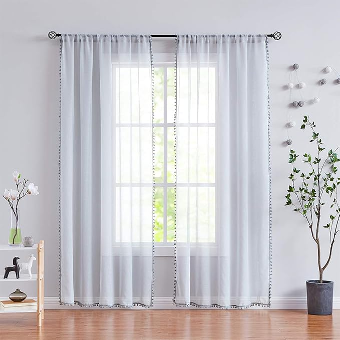 Treatmentex Pom-Pom Grey Sheer Curtains for Canopy in Girls Bedroom 84inches Long Linen Textured Sheer Drapes for Windows 2 pc