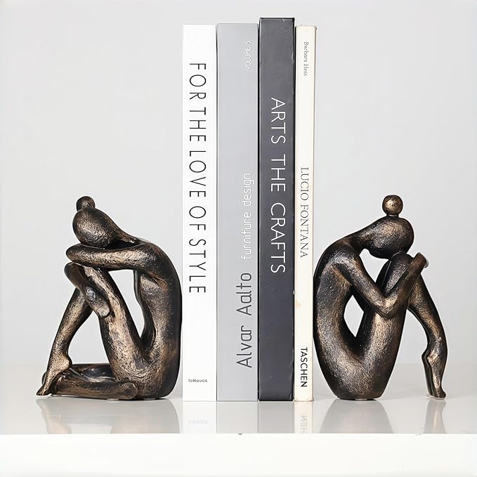 Decorative Resin Bookends for Shelves - Heavy Duty Book Ends Holder, Stopper for Office Desk, Bookshelf Organizer, Book Support (2 Pack)