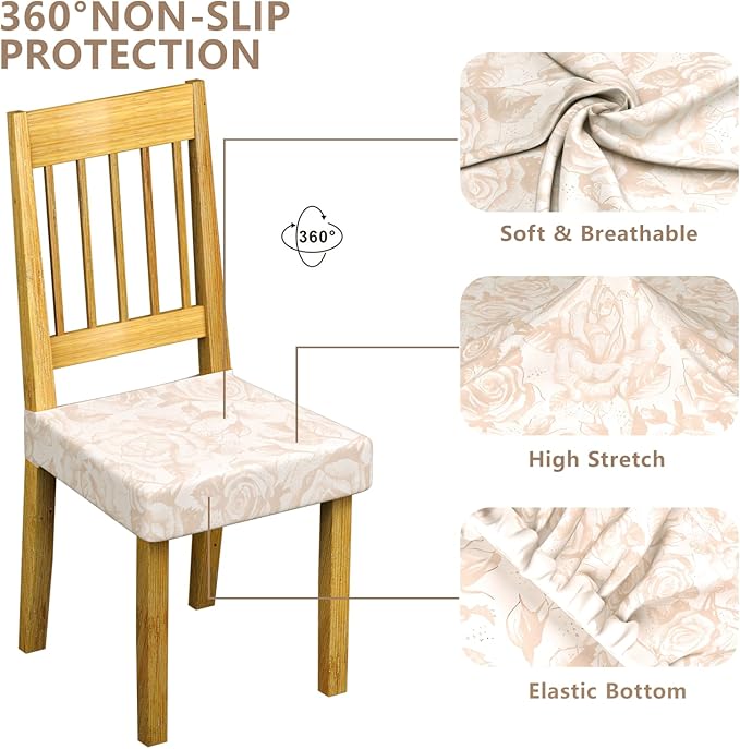 Stretch Dining Chair Seat Covers Set of 4,Dining Chair Slipcovers, Floral Printed Chair Covers,Soft Fabric Washable Upholstered Chair Seat Protector, No Rear Covers for Home Kitchen Dining Room