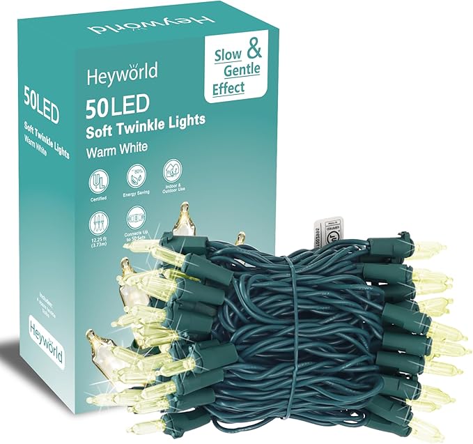 Heyworld Soft Twinkle Lights, 50 LED Warm White, Slow Twinkling, 14.58 Ft Green Wire Cord, UL Approved, Indoor/Outdoor (Pack of 2)