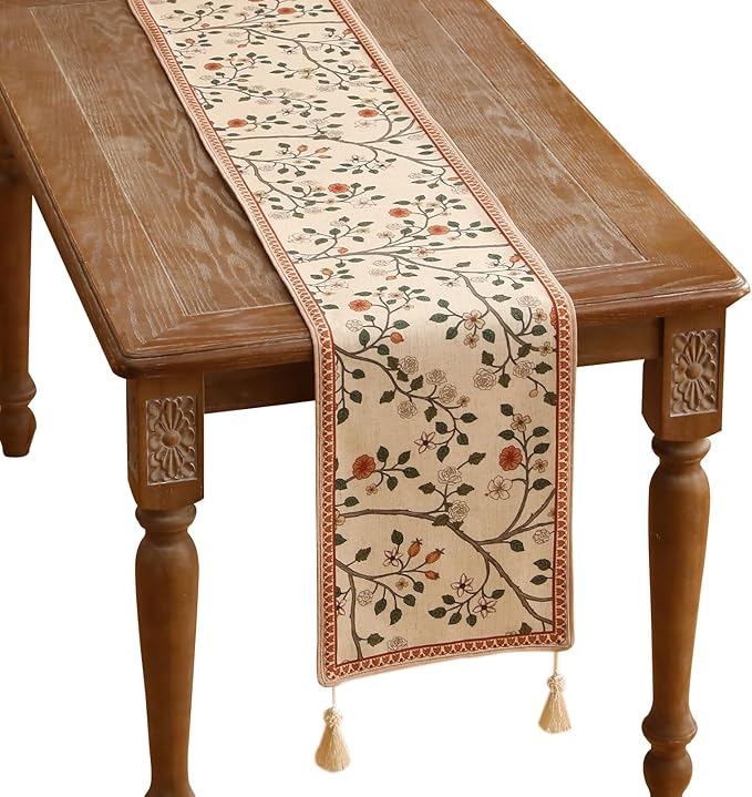 ISAENNE Designer Elegant Linen Floral Table Runner 102 Inches Long,Farmhouse Light Beige Durable Decor Table Runners for Dining Tables,Thanksgiving,Kitchen Tables,Christmas,12"*102"-Flora A