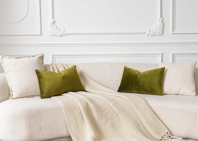 JUSPURBET Decorative Pillow Covers Set of 2 Velvet Throw Pillow Covers for Couch Sofa Bed Soft Lumbar Cushion Covers with Hidden Zipper for Living Room Home Decor,Olive Green,12x20 inch
