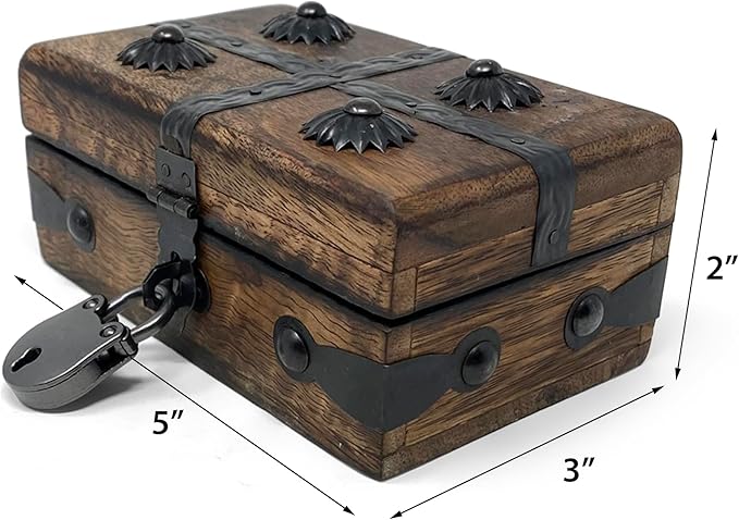 Nautical Cove Treasure Chest Wooden Box with Antique Iron Lock and Skeleton Key (X-Small 5 x 3 x 2) - Storage and Decor – Pirate Wooden Treasure Chest, Decorative Box with Hinged Lid,