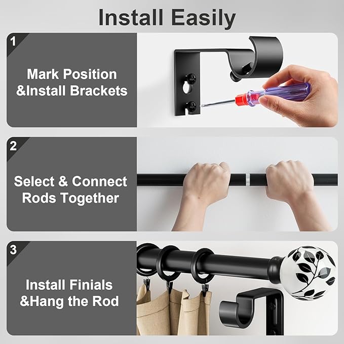 Ceramic Black Curtain Rods for Windows 28 to 48 Inches Adjustable Length Heavy Duty 1" Diameter Window Curtain Rod with Modern Leaf Pattern Decorative Finials for Bedroom Kitchen Living Room