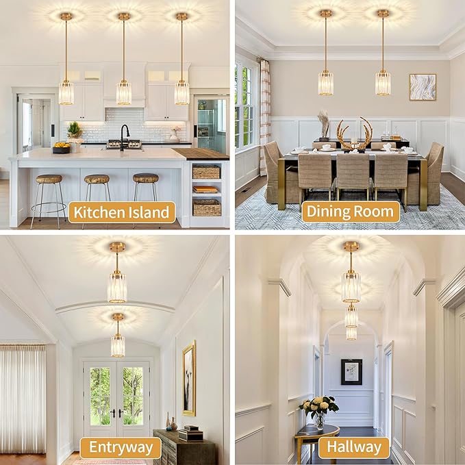 3 Pack Pendant Lights Kitchen Island, Modern Gold Crystal Pendant Light Fixtures Over Island, Mini Chandelier Hanging Pendant Lights for Kitchen Hallway Dining Room Bedroom