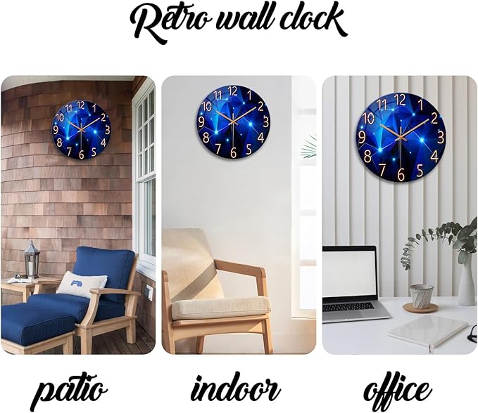 Blue Wall Clock for Living Room Decor Kitchen Wall Clocks Battery Operated 12 Inch Round Glass Decorative Wall Clock Non Ticking