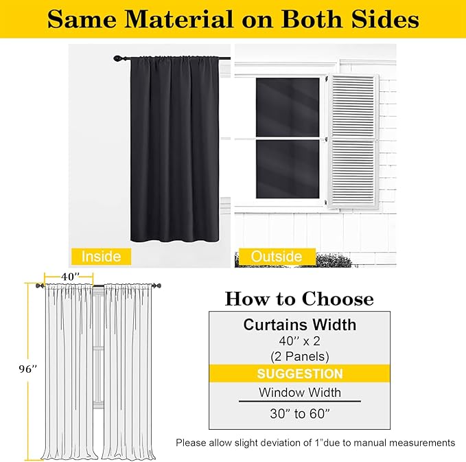Black Blackout Curtains for Bedroom Living Room 96 Inches Long 2 Panels, Soft Solid Room Darkening Thermal Insulated Window Treatments, Modern Rod Pocket Curtain, Black, Each 40" Wx96 L