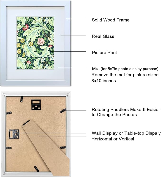 8x10 Picture Frame Set of 4 Made of Solid Wood Photo Frame with Real Glass for Pictures 5x7 with Mat or 8x10 Without Mat, Wall Mount or Tabletop Gallery Photo Frames in White