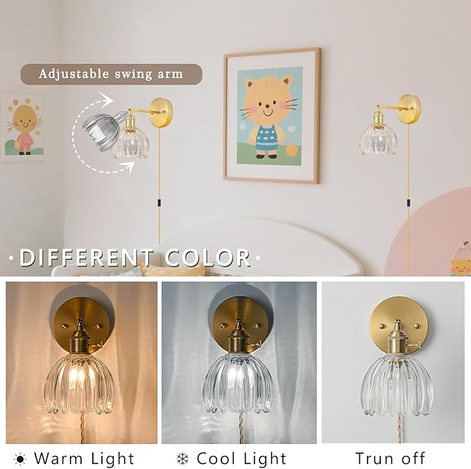 Plug in Wall Sconces Set of 2, Vintage Wall Lamp with Plug in Cord Clear Tulip Shade Decor Indoor, Gold Wall Light for Bedroom Bedside Kids Living Room Bathroom