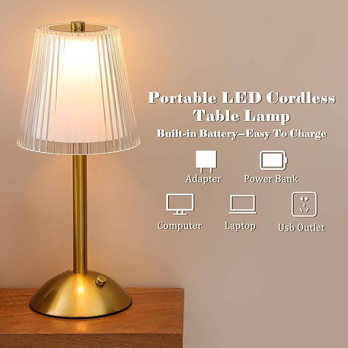 Liliful 2 Pcs LED Portable Cordless Table Lamp Touch Battery Operated Rechargeable Gold Desk Lamp 3 Color Dimmable for Bedroom Living Room Dining (Gold,Hollow Lined Style)